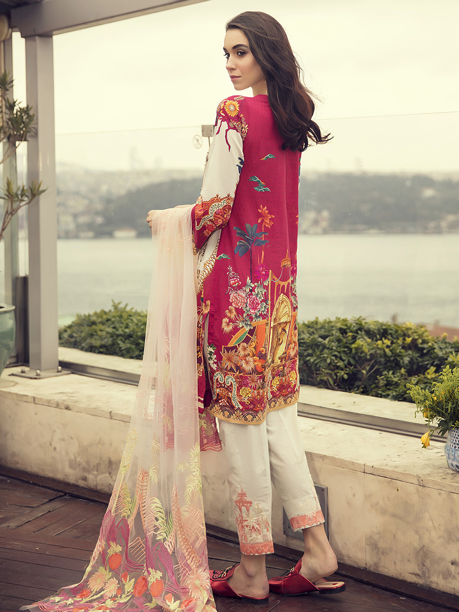 This beautiful digital printed pink lawn dress available at a reasonably good price online by Rajbari spring collection 2018