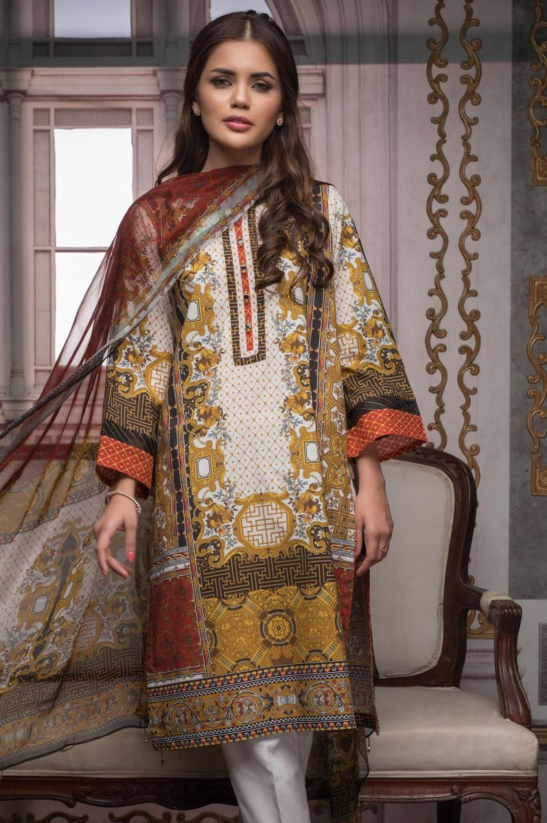 This beautiful khaki embroidered lawn dress in by Zeen women pret collection 2019 available all across Pakistan for online shopping