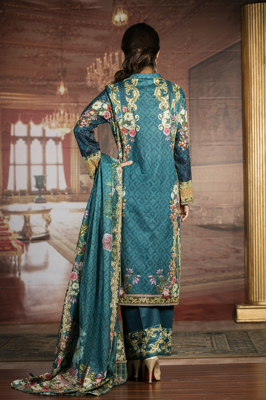This elegant 3 piece unstitched lawn printed dress available at a decent price of pkr 2100 at all online and off line stores by Saman Qureshi spring collection 2018