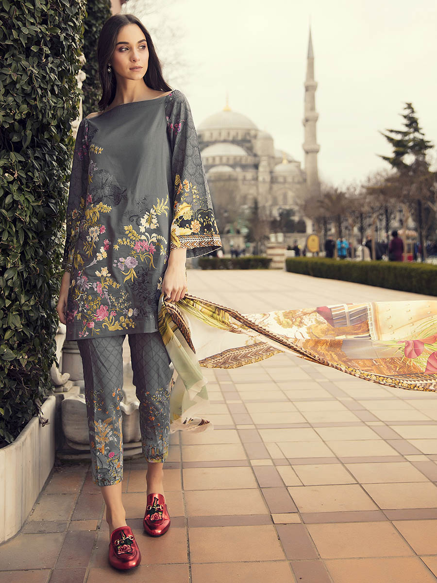 This elegant pret wear lawn Pakistani dress available at a decent price of pkr4990 at all online and off line stores by Rajbari spring collection 2018