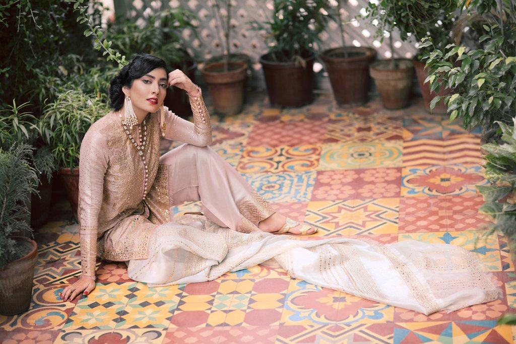 Three piece stitched pret dress in silk by Suffuse by Sana Yasir Luxury collection.