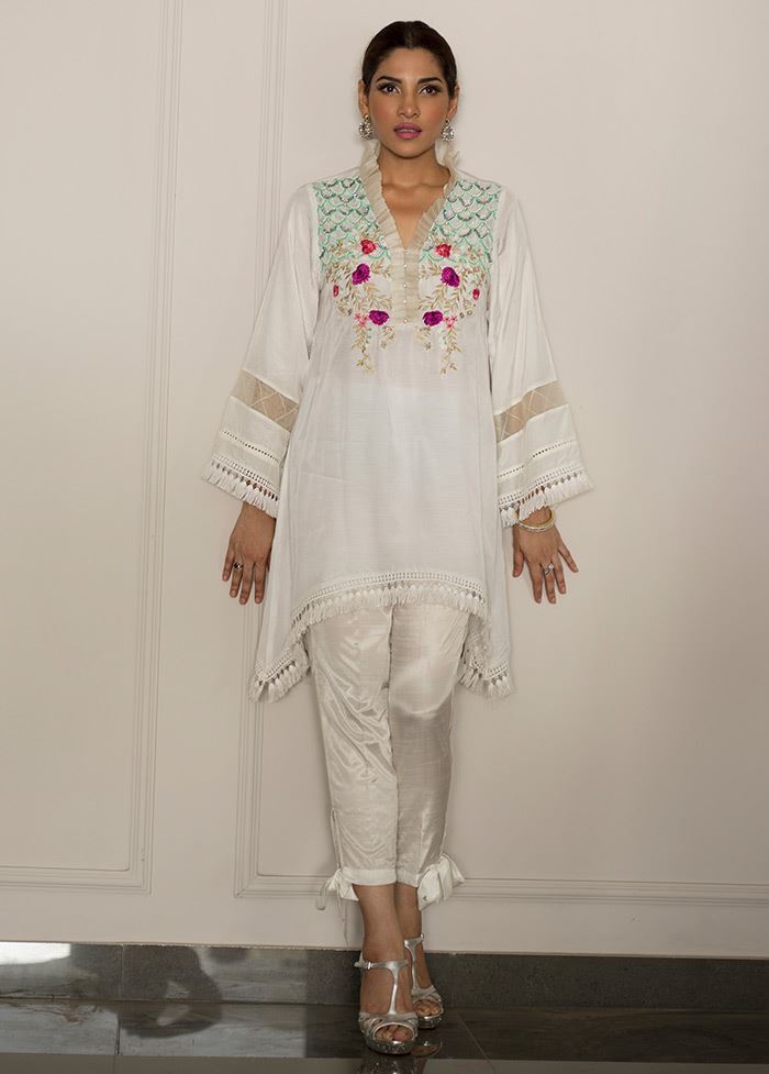 White ready to wear silk dress by Deepak Perwani luxury pret online 2018