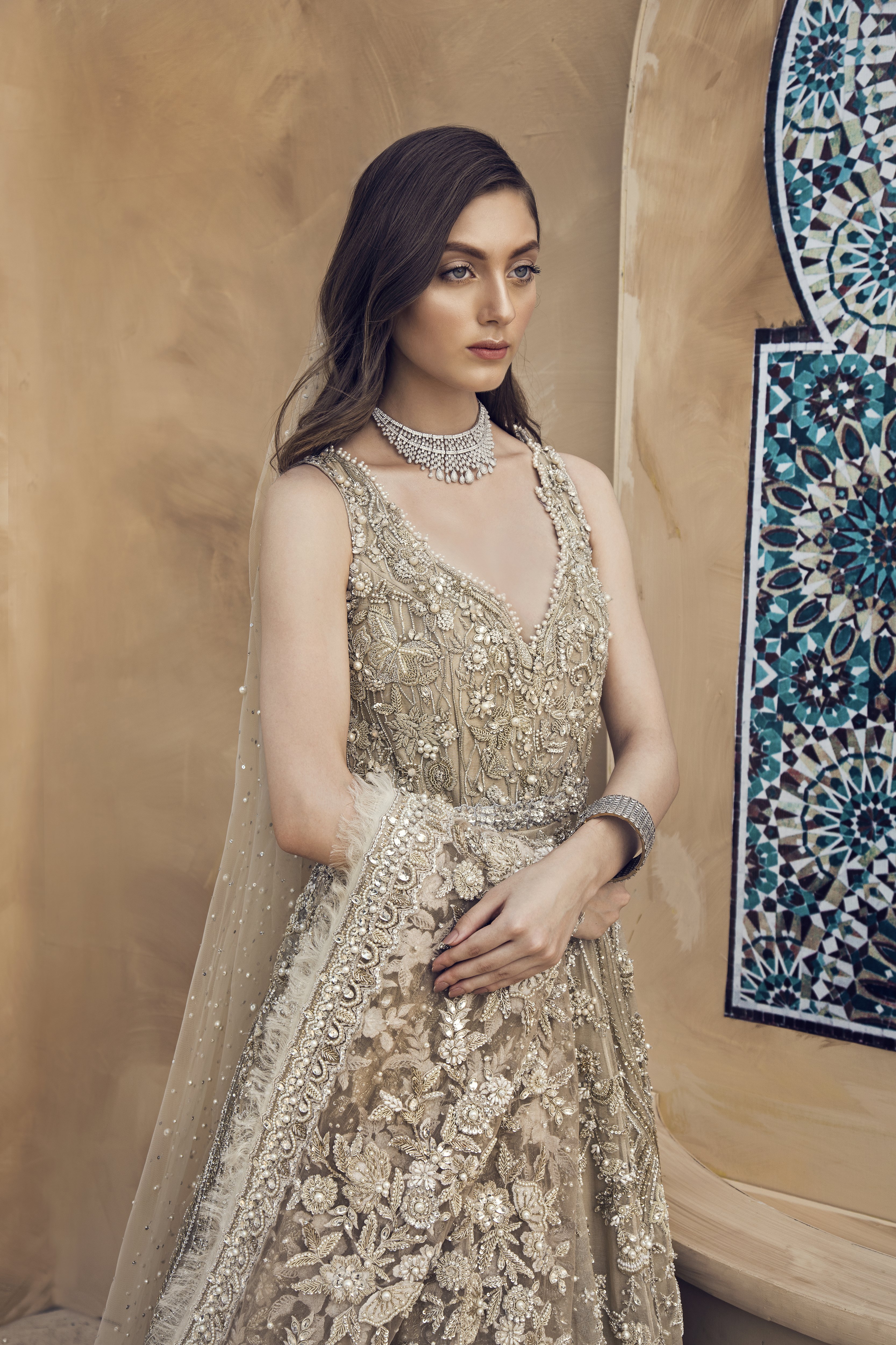leternite Silver color beaded Pakistani bridal dress available online
