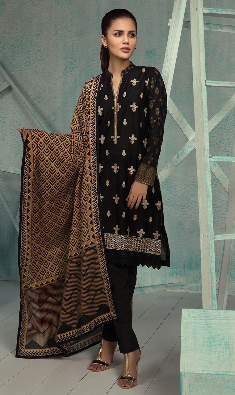Beautiful 3 piece Black ready to wear embroidered dress by Orient Textile pret collection 2018