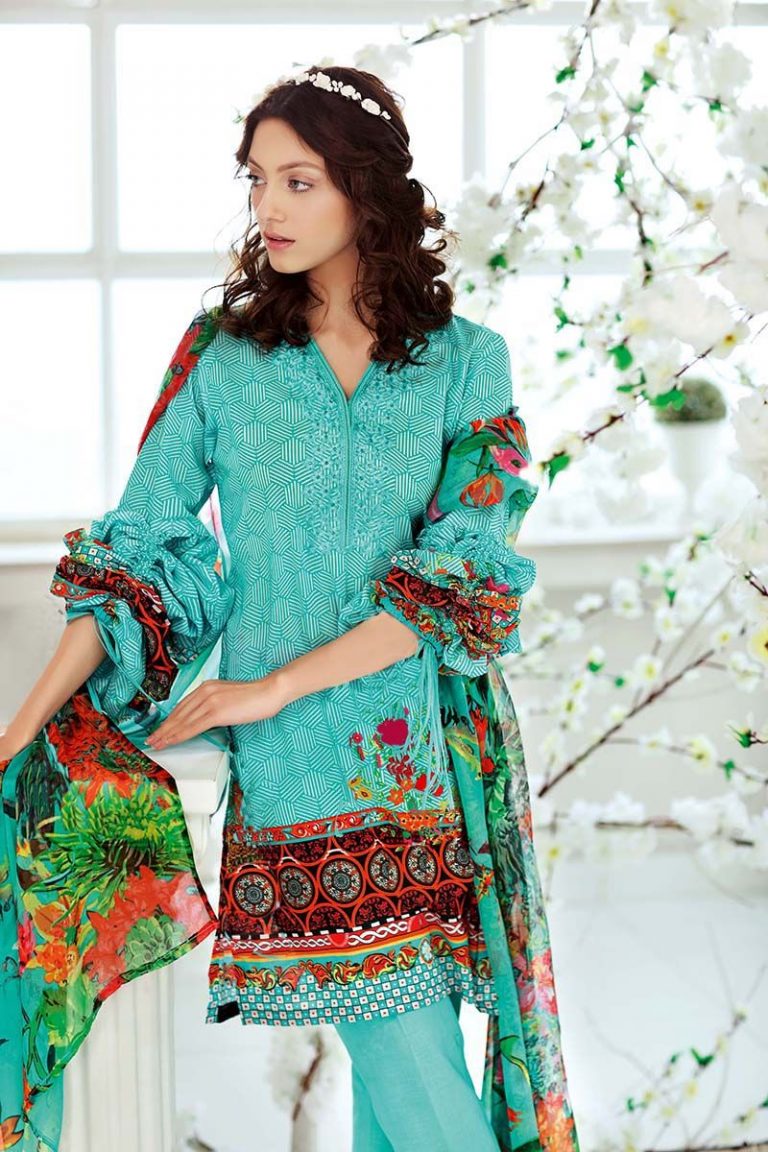 Beautiful 3 piece ferozi ready to wear embroidered dress by Gul Ahmed pret collection 2018