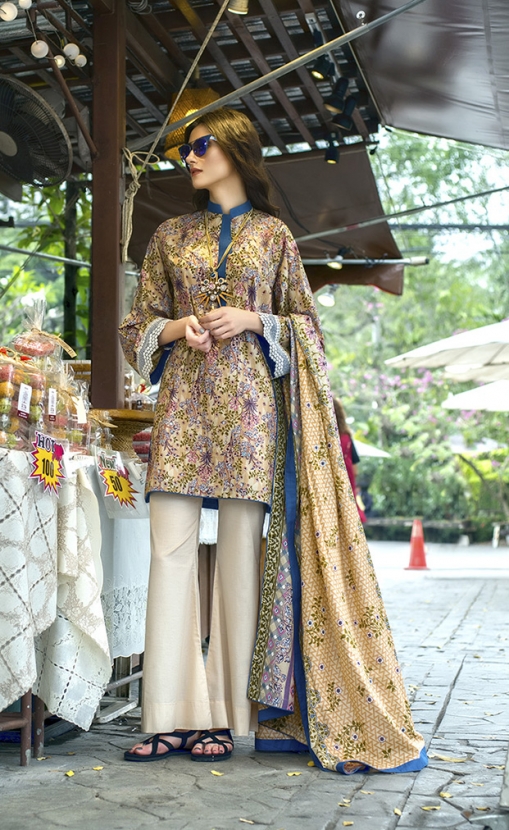 Beautiful brown Pakistani unstitched dress by Komal printed casuals 2018