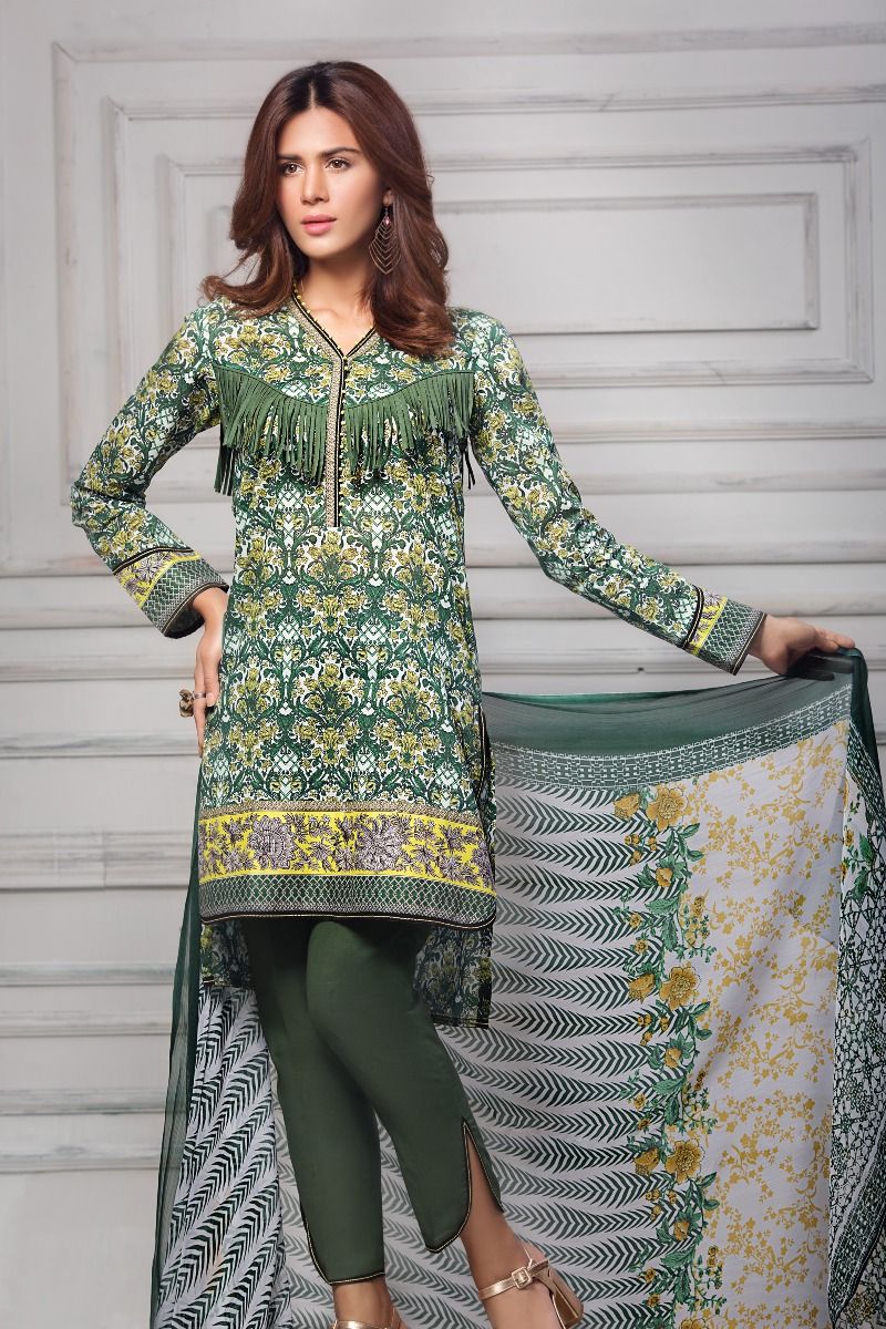 Beautiful green 3 piece unstitched dress by Gul Ahmed Chiffon collection 2018