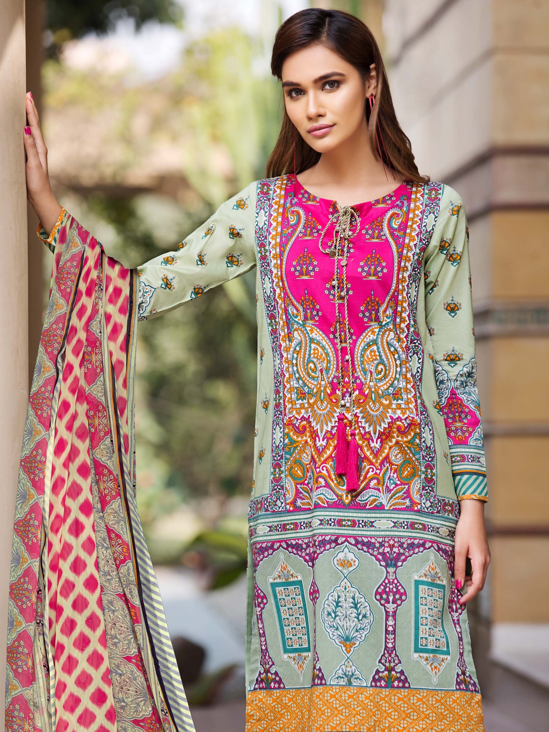 Beautiful green Pakistani unstitched dress by Limelight printed collection 2018