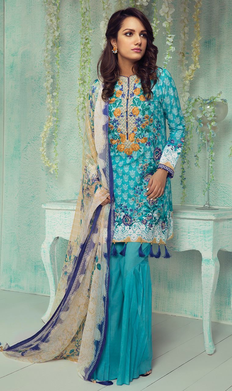 Beautiful light blue printed unstitched Pakistani pret wear by Orient Textile spring dresses 2018