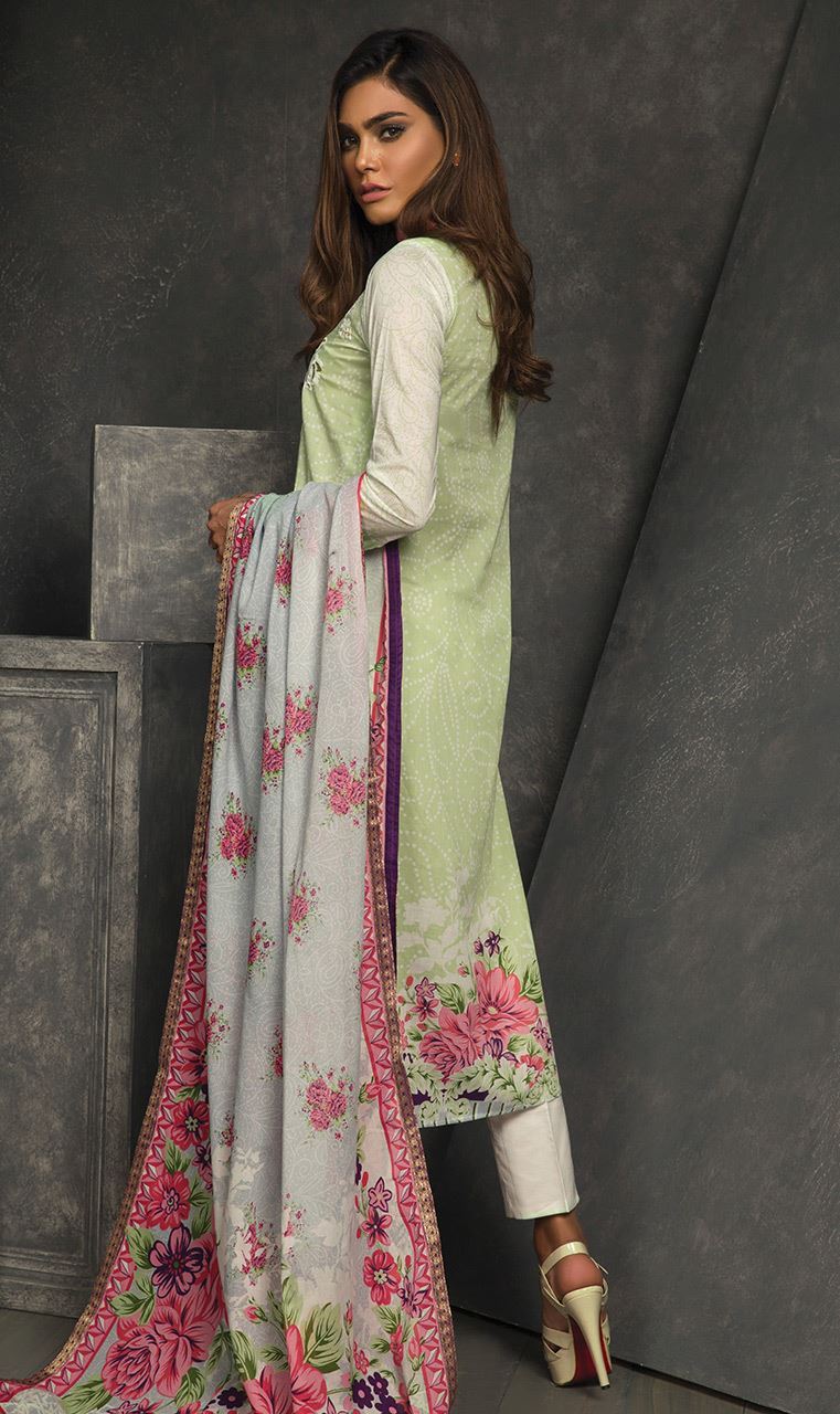 Bold and elegant light green colored three piece unstitched lawn dress by Orients Textile dresses collection 2018