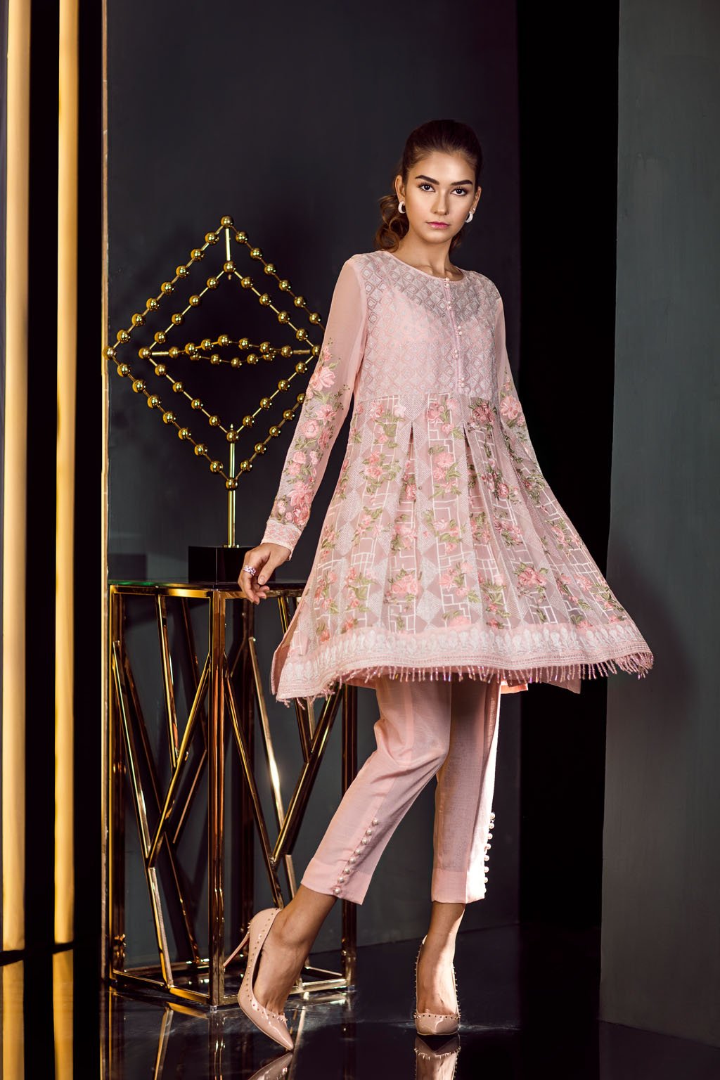 Buy this beautiful embroidered stitched Chiffon dress available at a decent price at all online and off line stores by Baroque Fuschia Collection 2018