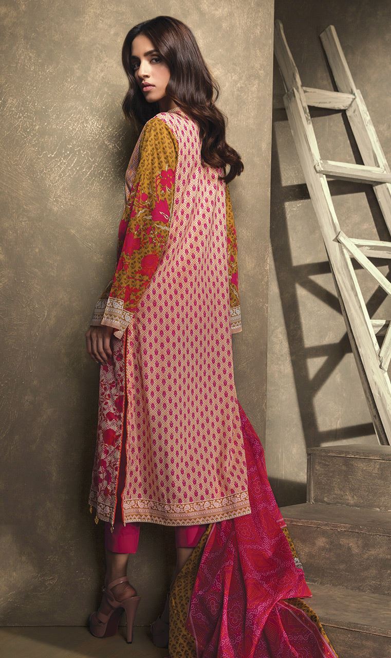 Classic and elegant pink colored three piece unstitched lawn dress by Orient textile printed casuals