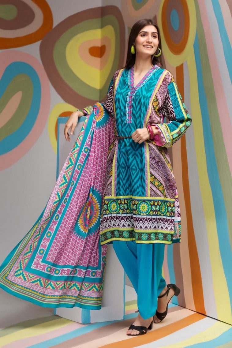 Elegant ferozi 3 piece unstitched pret dress by Gul Ahmed spring collection 2018