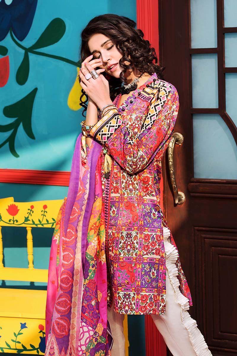 Elegant yet uber chic Multi color three piece unstitched lawn dress dress by Gul Ahmed printed collection 2018