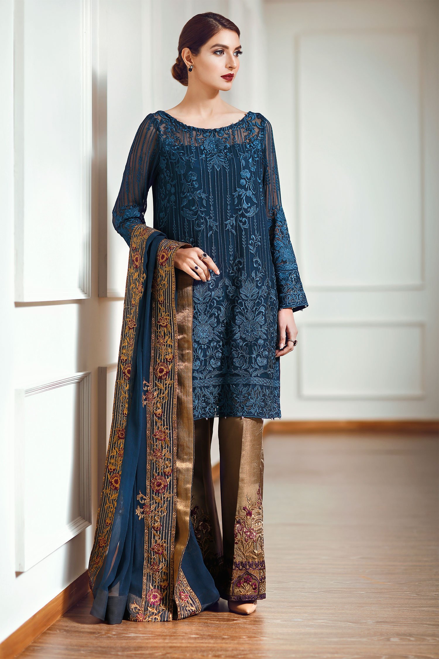 Embroidered metallic blue stitched pret wear by Baroque luxury collection 2018