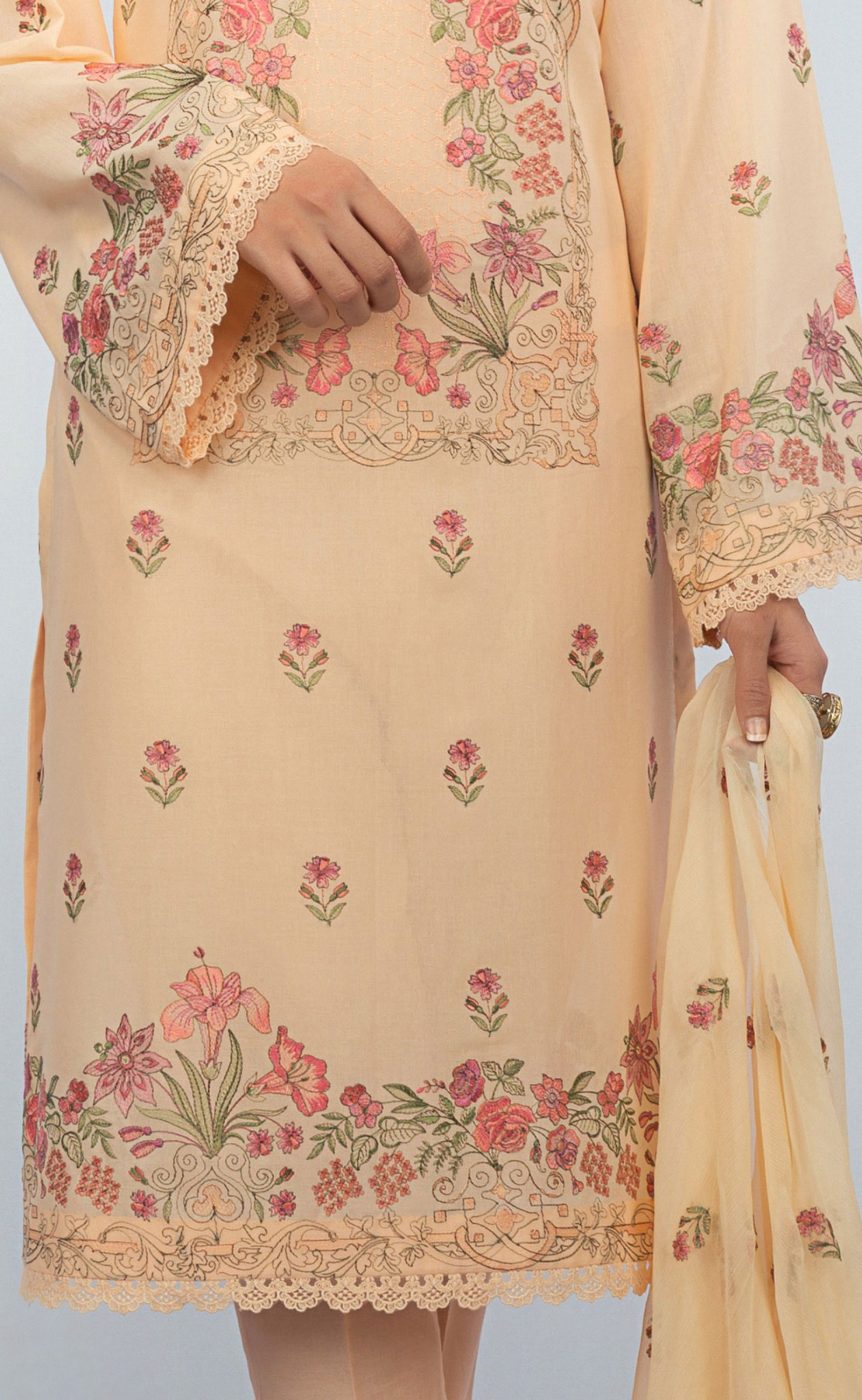 Cream Floral Floral Pakistani Lawn Suit by Bareeze Clothing for Sale