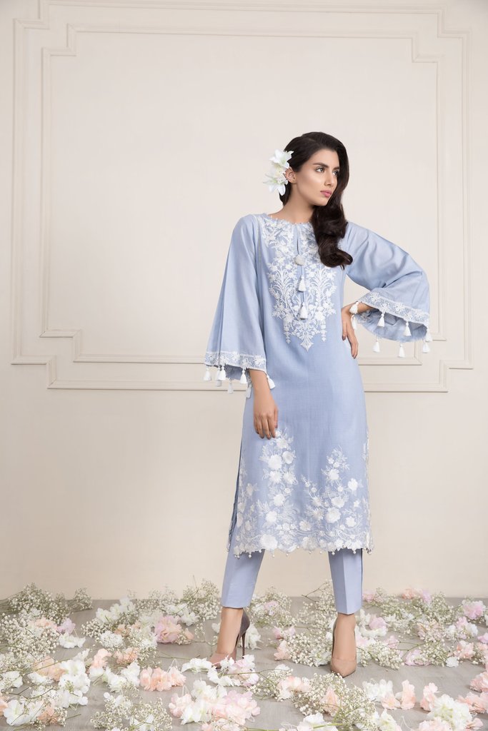Light blue unstitched textured embroidered dress by Sapphire Textured Lawn Collection 2018