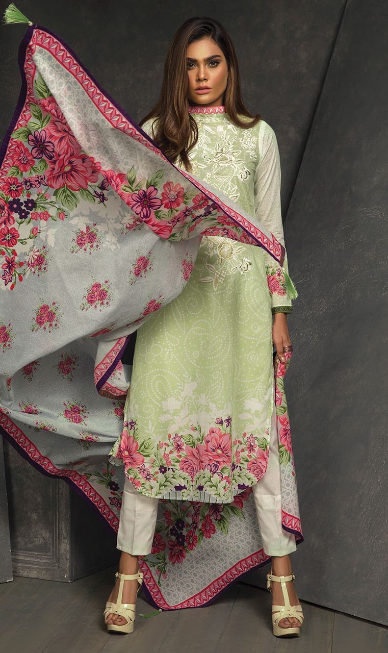 Light green 3 piece unstitched pret dress by Orients Textile dresses collection 2018