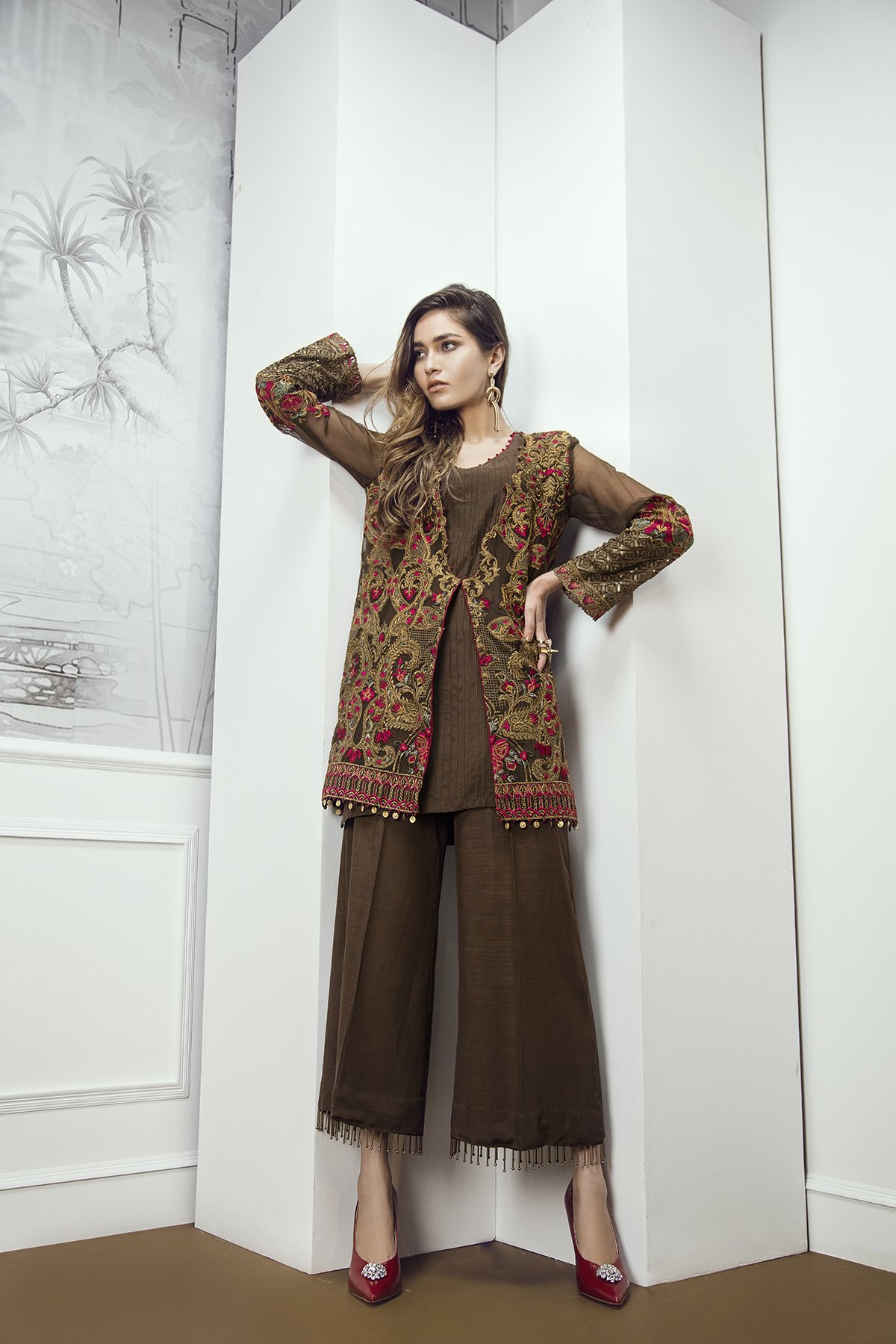 Paisley dust brown stitched pret dress by Baroque Chantelle chiffon collection 2018