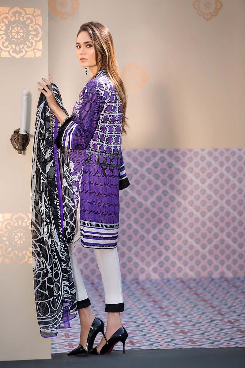 Purple 3 piece unstitched pret dress by Gul Ahmed Printed dresses collection 2018