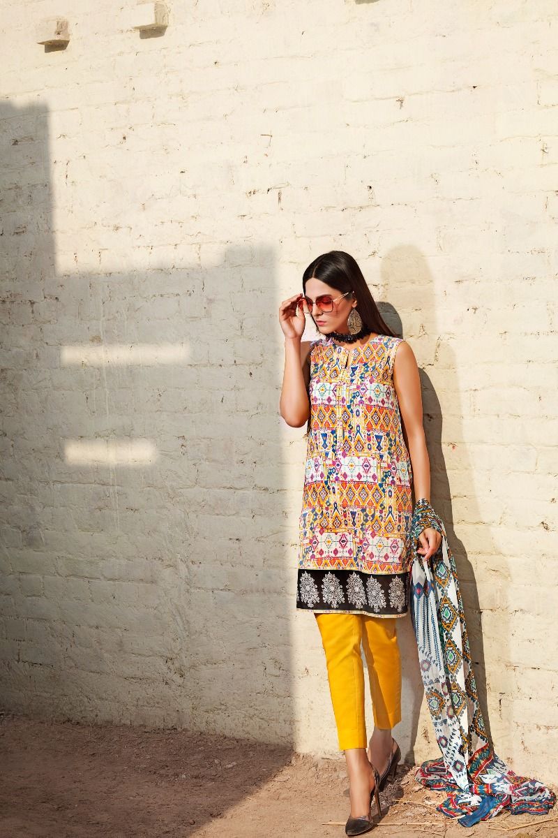 Refreshing Yellow unstitched Pakistani pret dress by Gul Ahmed printed clothes 2018