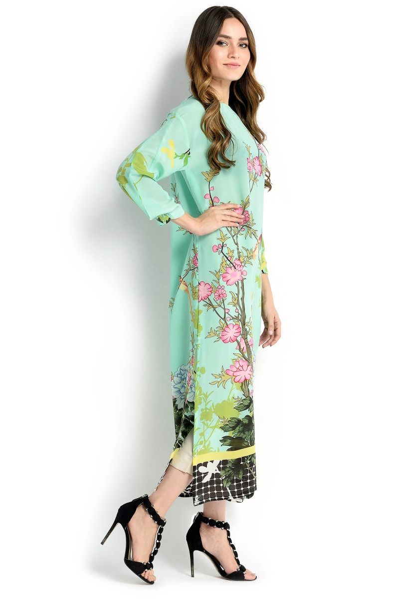Silk green color stitched pret dress at a reasonable rate by Sana Safinaz spring western collection 2018