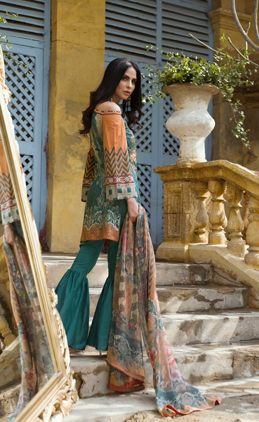This elegant 3 piece unstitched lawn dress available at a decent price of pkr 4150 at all online and off line stores by LSM fabrics summer collection 2018