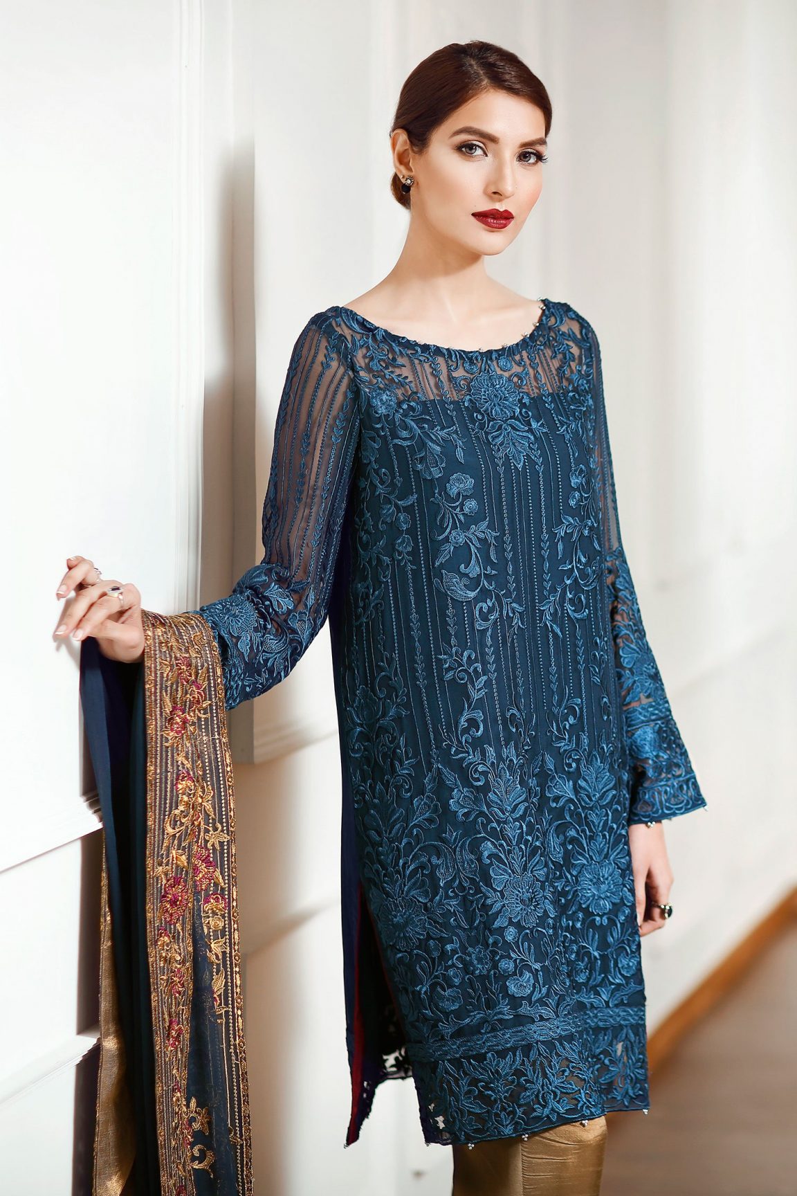 Embroidered metallic blue stitched pret wear by Baroque luxury ...