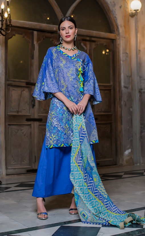 Trendy and vibrant blue colored two piece unstitched lawn dress by LSM fabrics embroidered pret wear 2018