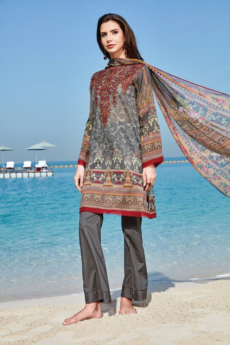 Vibrant and ethnic grey 3 piece unstitched lawn dress by Baroque pret wear