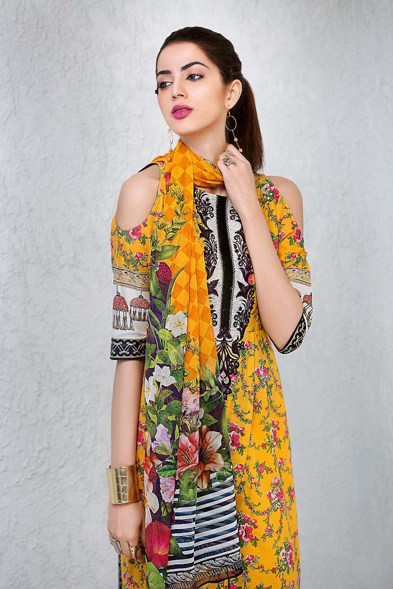 Vibrant and tantalizing yellow colored three piece unstitched lawn dress by Gul Ahmed lawn clothes 2018
