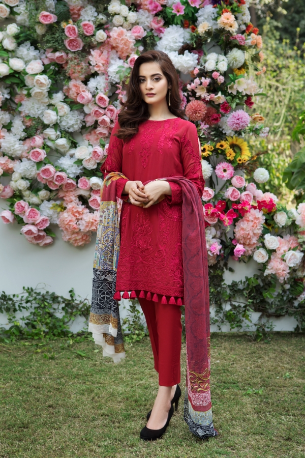 Vibrant and trendy Scarlet three piece Pakistani unstitched swiss lawn dress