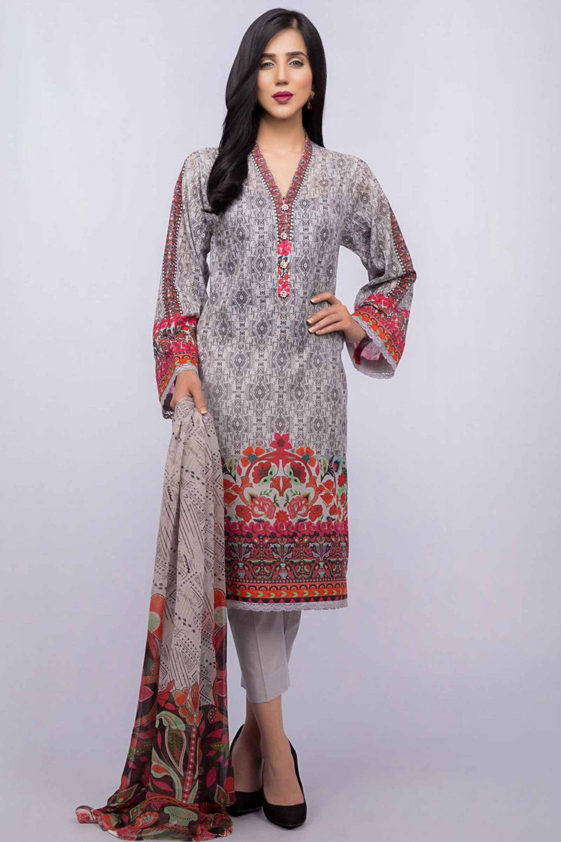 Buy Online Grey Pakistani Unstitched Dress by Bareeze Lawn 2018 with ...