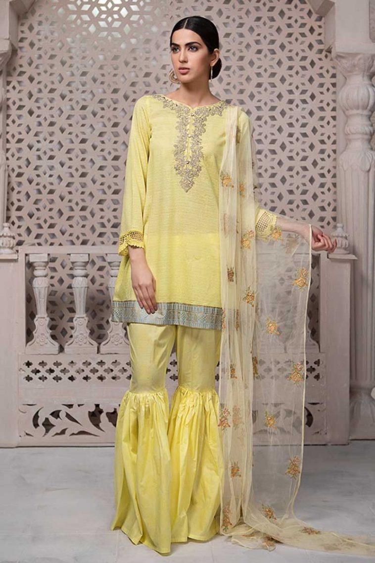 Maria B Mehndi Dress in Yellow Color with Short Embroidered Shirt and Gharara Pants