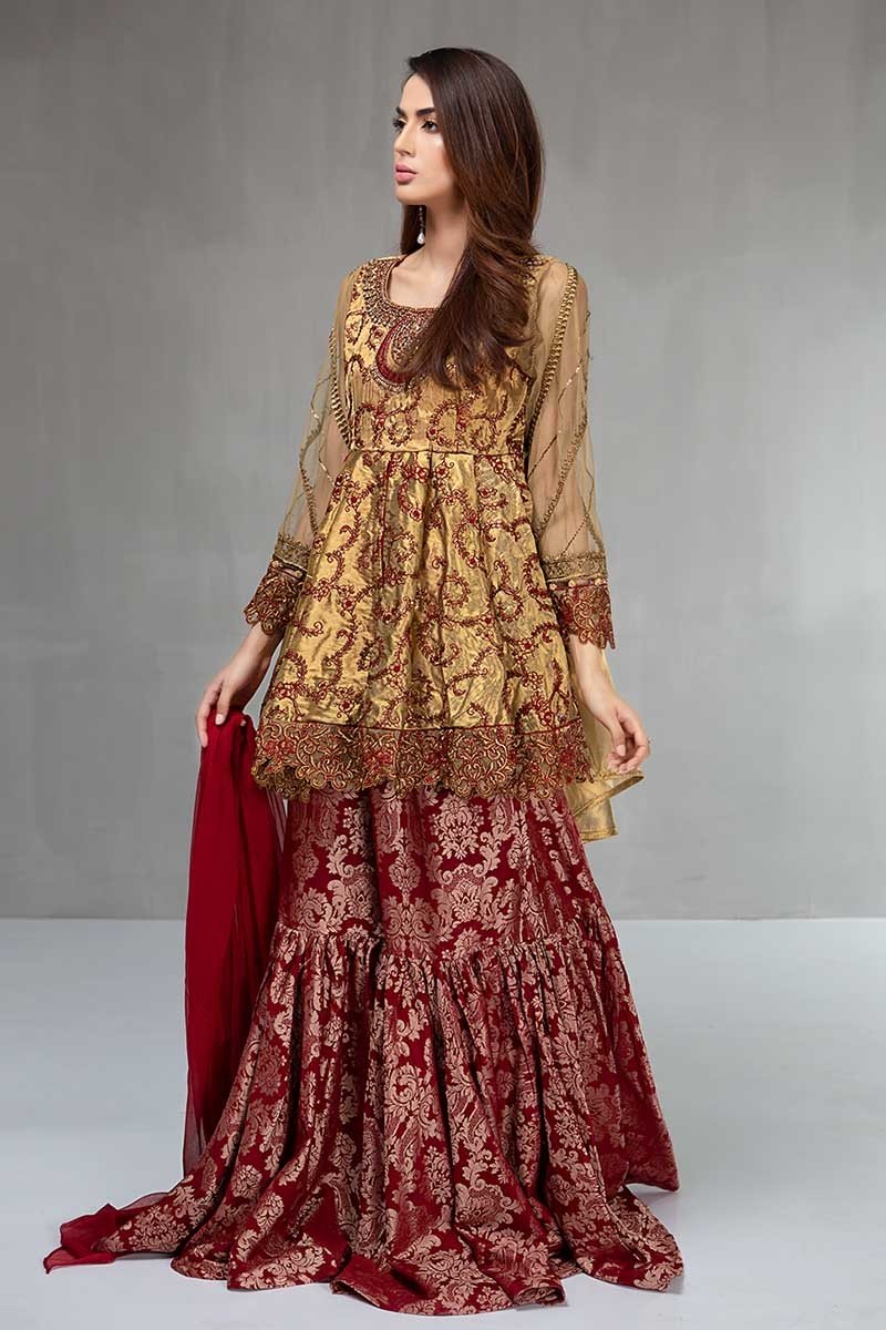 Maria B Wedding Dress Featuring Golden Peplum Top with Maroon Gharara 