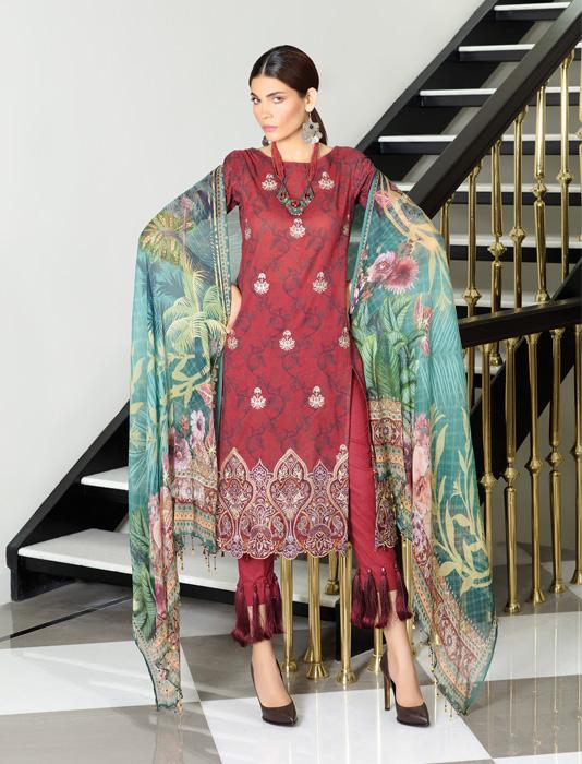 Beautiful red embroidered unstitched Pakistani pret wear by Khas embroidered pret wear 2018