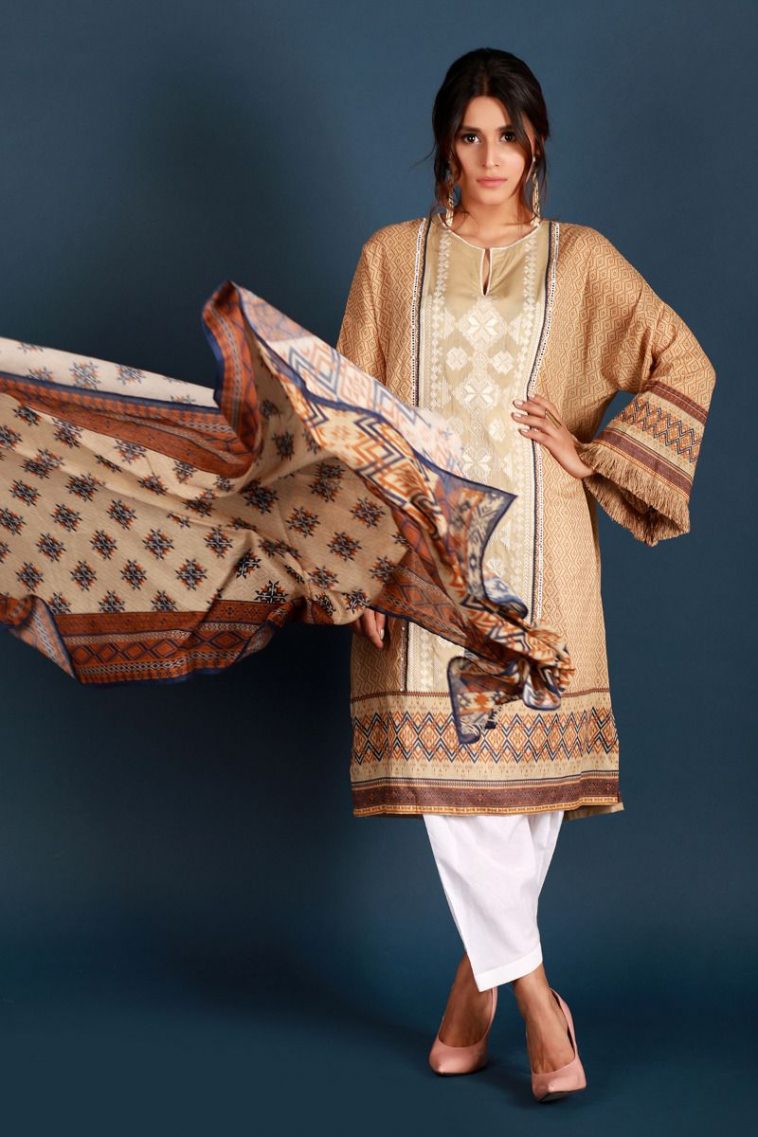 Buy Online Brown Printed Ready to Wear Pret Pakistani Lawn Embroidered Dress from Zellbury Volume 2