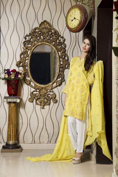 Elegant yellow ready to wear pret dress by Khas evening wear 2018