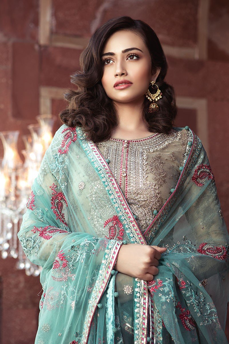 Maria B Sale on this Beautiful Pakistani Wedding Unstitched Sharara Dress with Embroidered Net Blouse