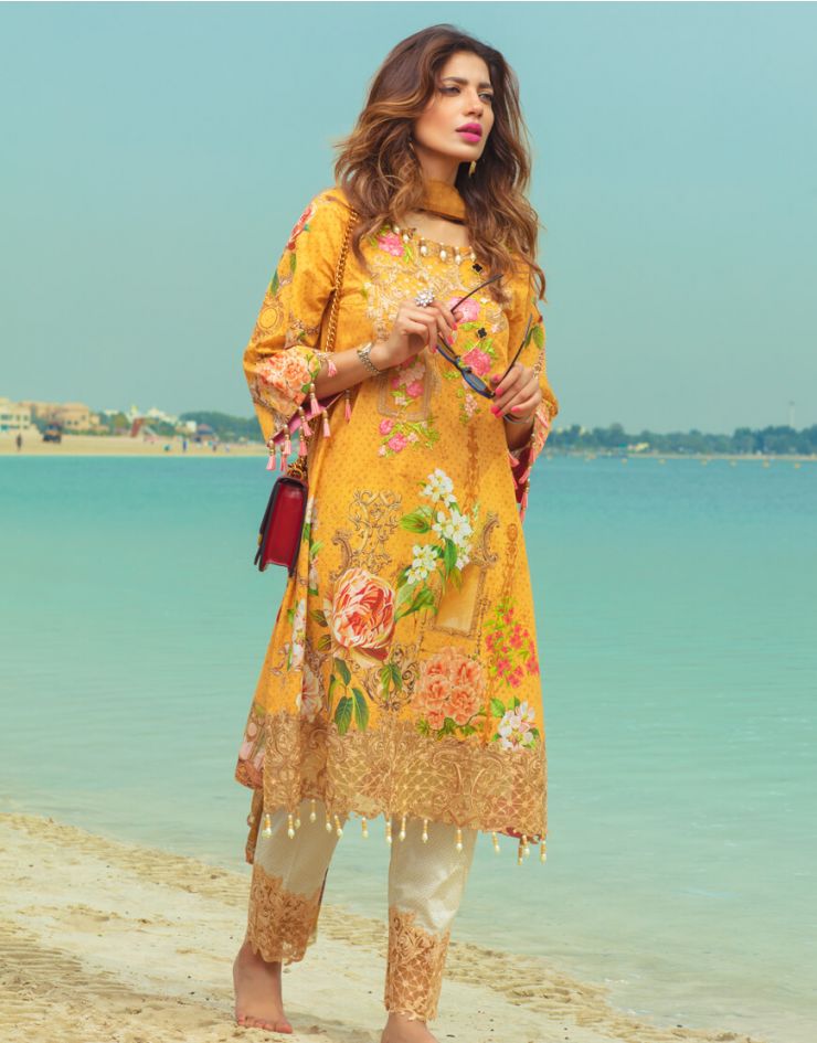 Graceful embroidered yellow 3 piece unstitched pret by Rangrasiya embroidered prets 2018
