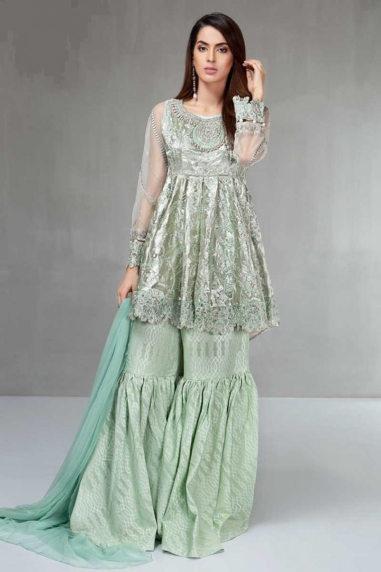 Maria B Party Dress for Pakistani Women Featuring Peplum Shirt with Gharara Pants