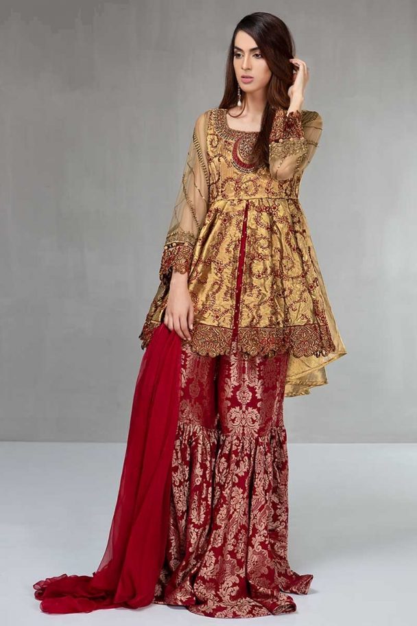 Maria B Wedding Dress Featuring Golden Peplum Top With Maroon Gharara ...