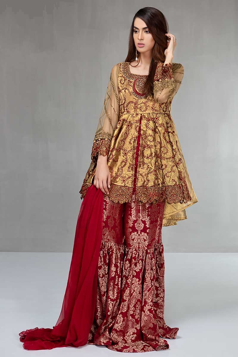 Maria B Wedding Dress Featuring Golden Peplum Top with Maroon Gharara