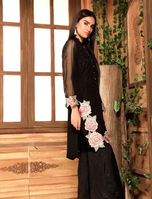 Trendy and uber chic organza black ready to wear organza prêt shirt by Khas luxury collection 2018.