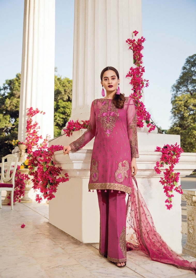 Beautiful Pink embroidered unstitched Pakistani pret wear by Pink Imrozia Eid dresses in UK 2018