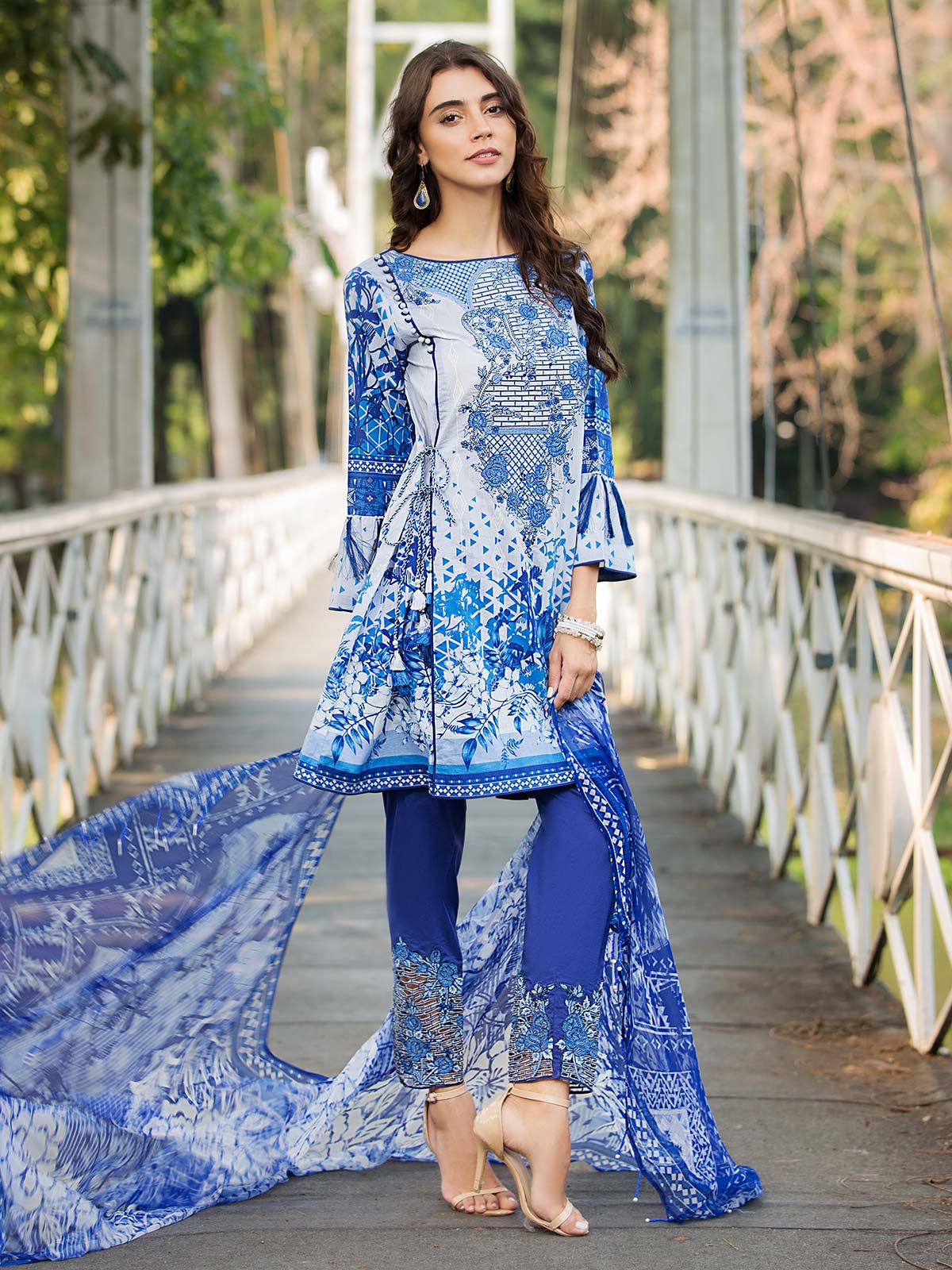 Blue 3 piece lawn printed dress Yellow lawn dress fully embroidered by Eden robe Eid designer dress