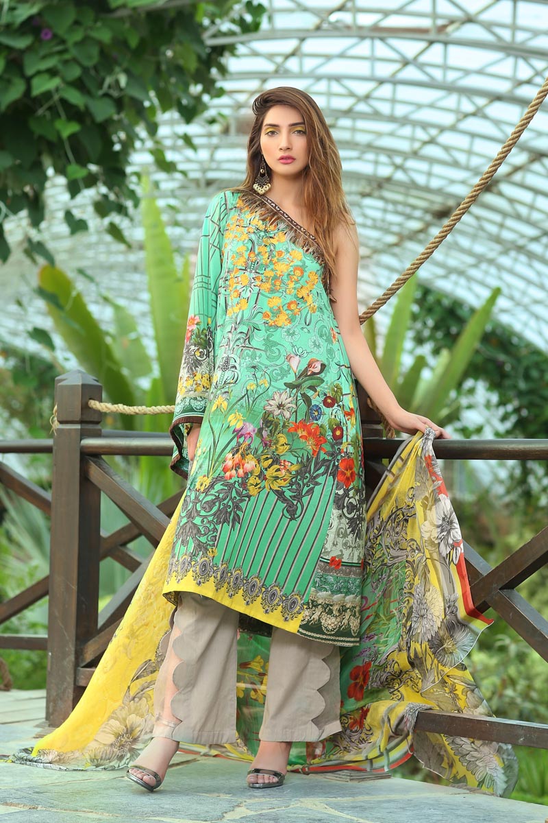 Bold and trendy green colored three piece unstitched lawn dress by Paras Eid dresses in London