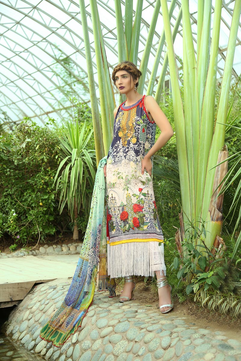 Buy this elegant Blue Lawn 3 piece pret dress by Paras Eid Clothes in ABU DHABI 2018 at a very reasonable price