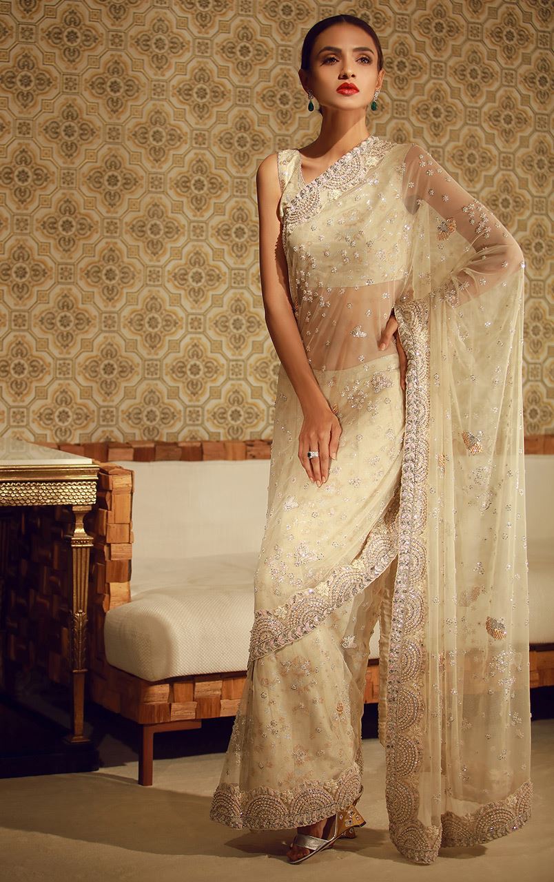 Buy this elegant Off white chiffon embroidered pret sari by Tena Durrani Eid collection in USA at a very reasonable price