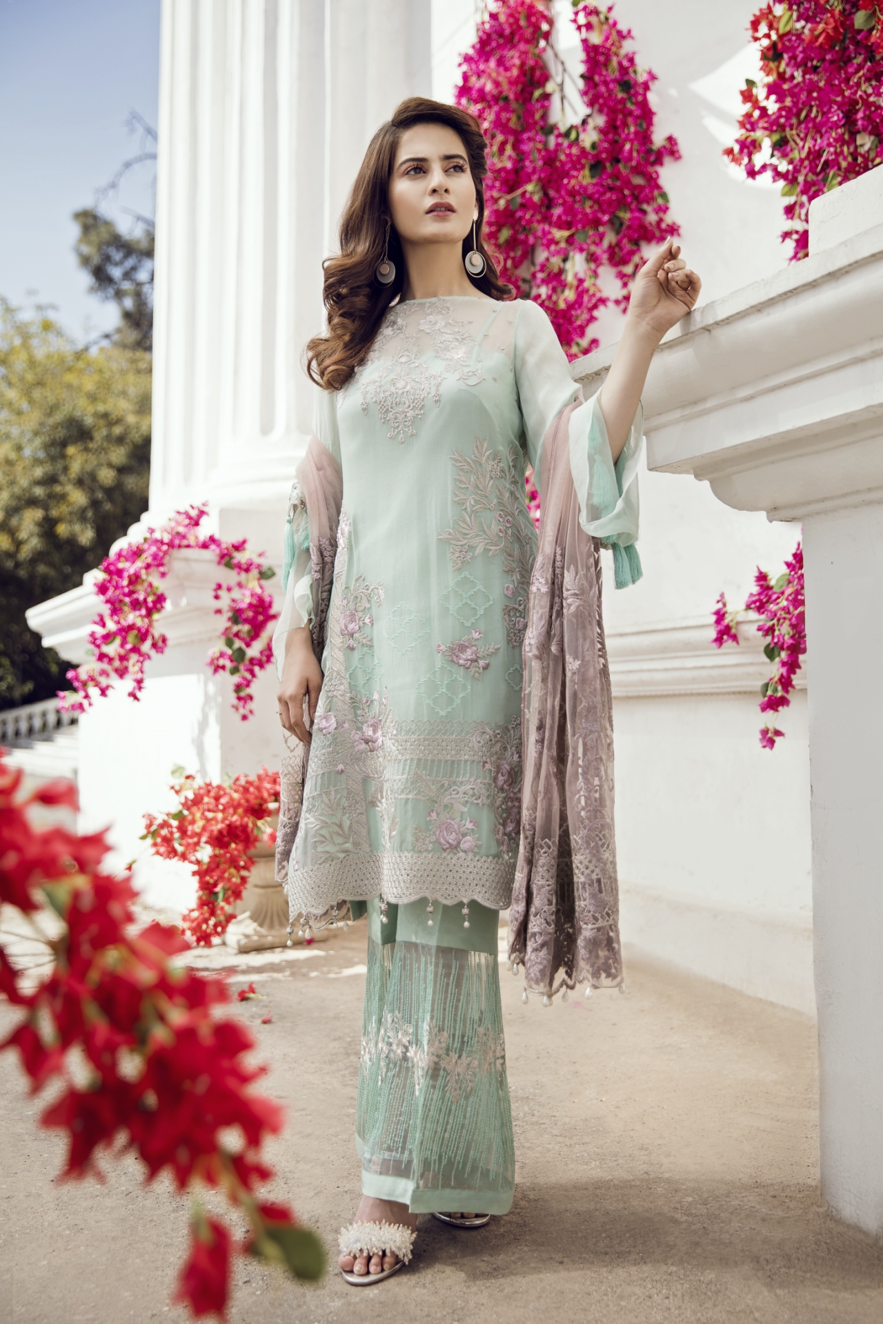 Elegant Green unstitched cotton chiffon dress by Imrozia Premium Eid luxury dresses 2018